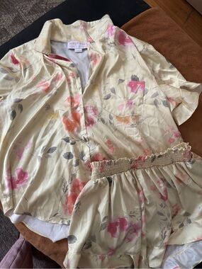 Birdy Grey Cream Floral Pajama Set with Pink & Coral Accents